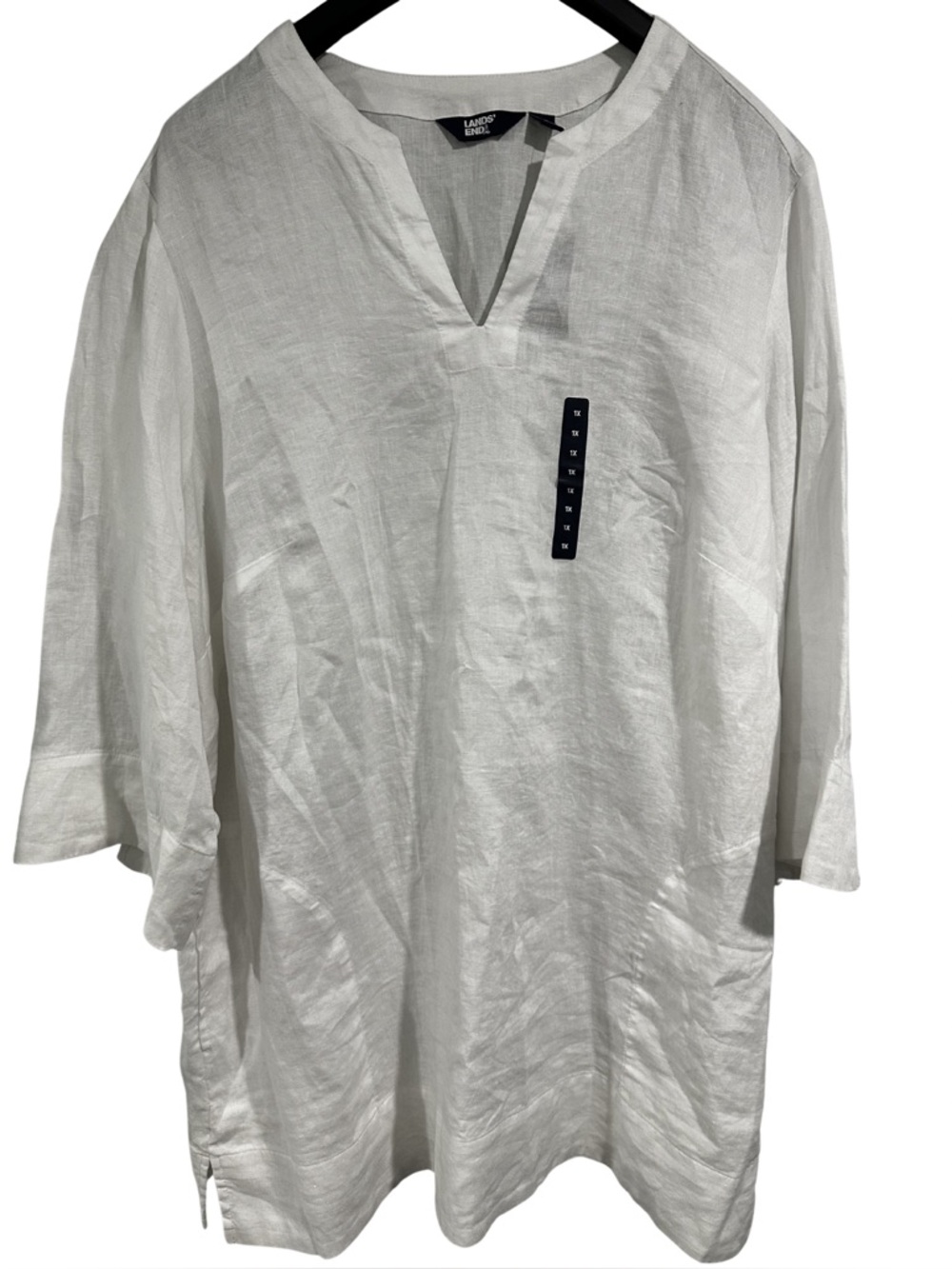 Lands’ End Linen Tunic 1X White Split Neck Top w Pockets NWT